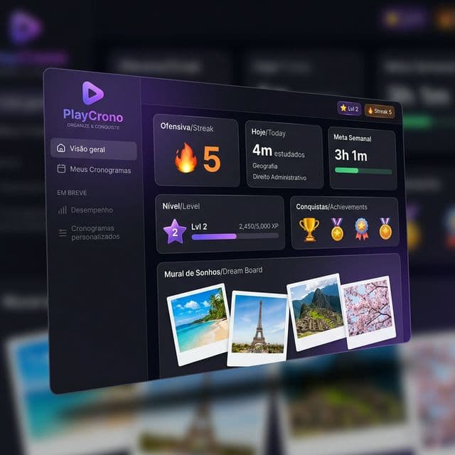 PlayCrono Dashboard — Visão Geral com Gamificação e Mural de Sonhos